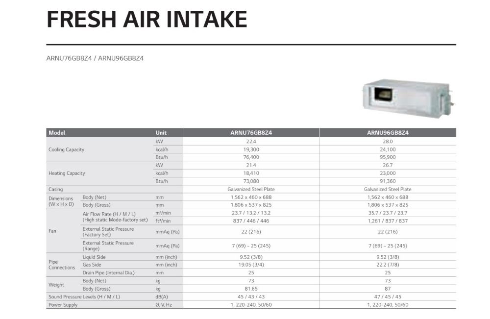 LG VRF Indoor units Ceiling Concealed Duct Fresh Air Intake Specifications